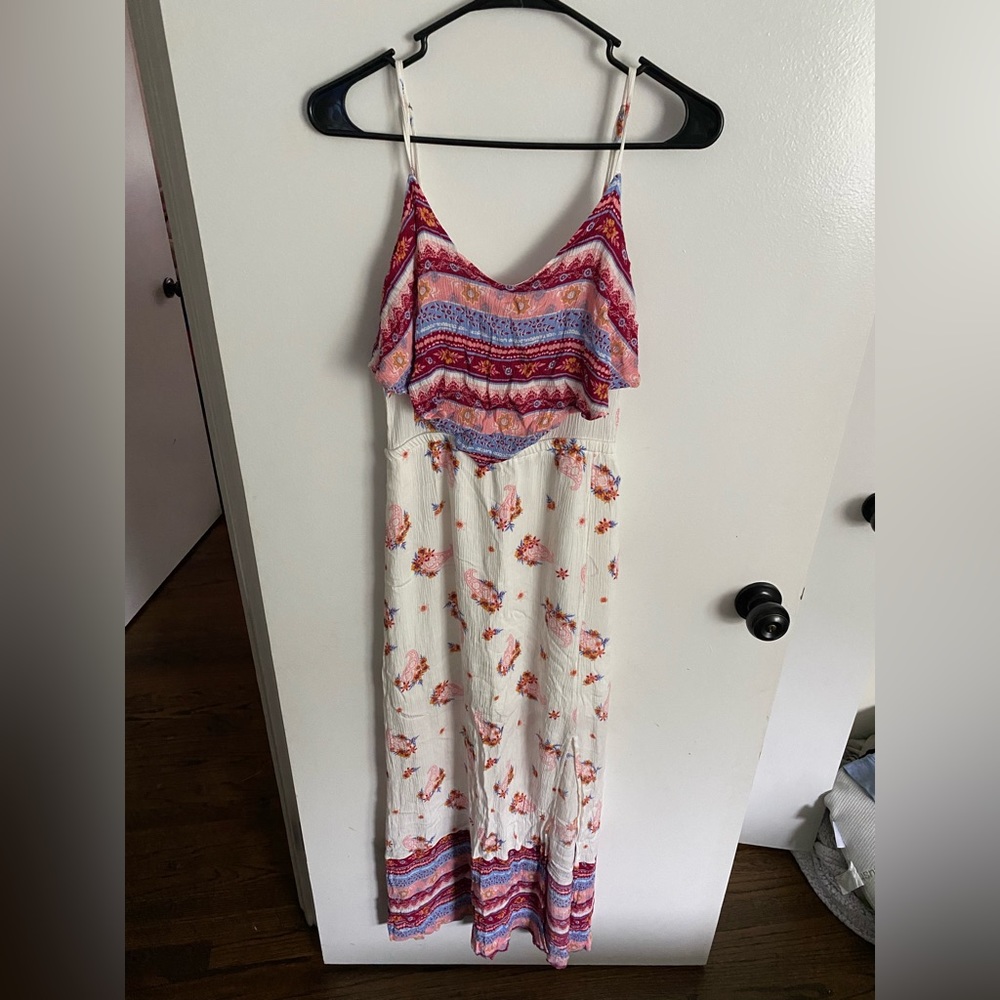 Women's Mudd White Multicolor Ruffle Spaghetti Strap Maxi Dress Size Medium